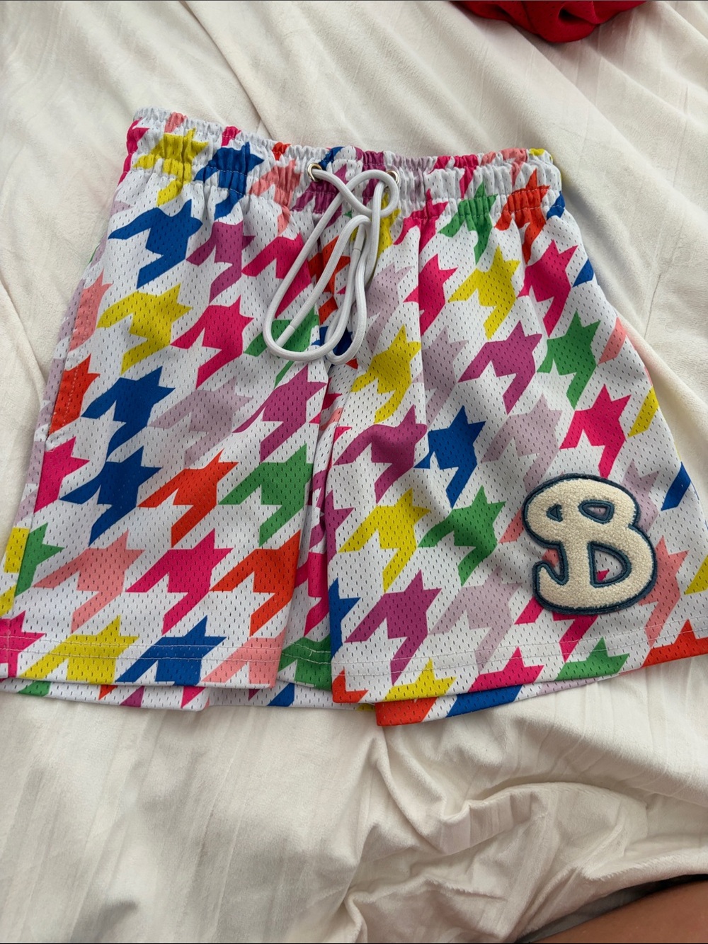 Multicolor Houndstooth Mesh Shorts with Patch